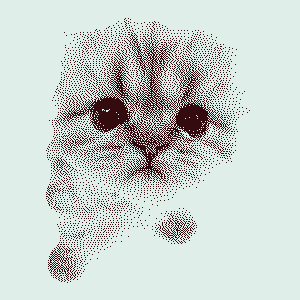 Dithered picture of a kitten with its face close to the camera. Palette consists of light green and dark brown. Inspired by one of the color palettes in the game, 'Who's Lila?'.