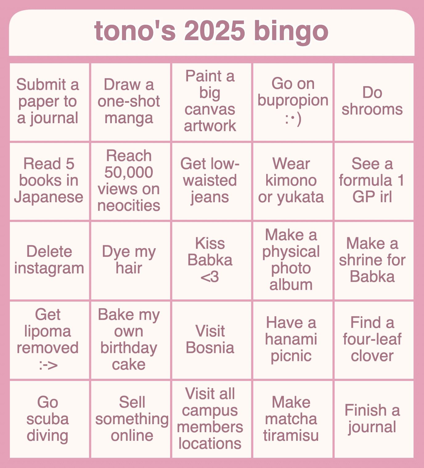 Bingo card titled 'tono's 2025 bingo'. Border is pink, background is beige. Text is dark brown. 5-by-5 grid. From top left to bottom right, the boxes read: 'Submit a paper to a journal'. 'Draw a one-shot manga'. 'Paint a big canvas artwork'. 'Go on bupropion (smiley face with a clown nose)'. 'Do shrooms'. 'Read 5 books in Japanese'. 'Reach 50,000 views on neocities'. 'Get low-waisted jeans'. 'Wear kimono or yukata'. 'See a formula 1 GP irl'. 'Delete instagram'. 'Dye my hair'. 'Kiss Babka (heart symbol) (this is the free space)'. 'Make a physical photo album'. 'Make a shrine for Babka'. 'Get lipoma removed (smiley face with an > sign as the mouth)'. 'Bake my own birthday cake'. 'Visit Bosnia'. 'Have a hanami picnic'. 'Find a four-leaf clover'. 'Go scuba diving'. 'Sell something online'. 'Visit all campus members locations'. 'Make matcha tiramisu'. 'Finish a journal'.